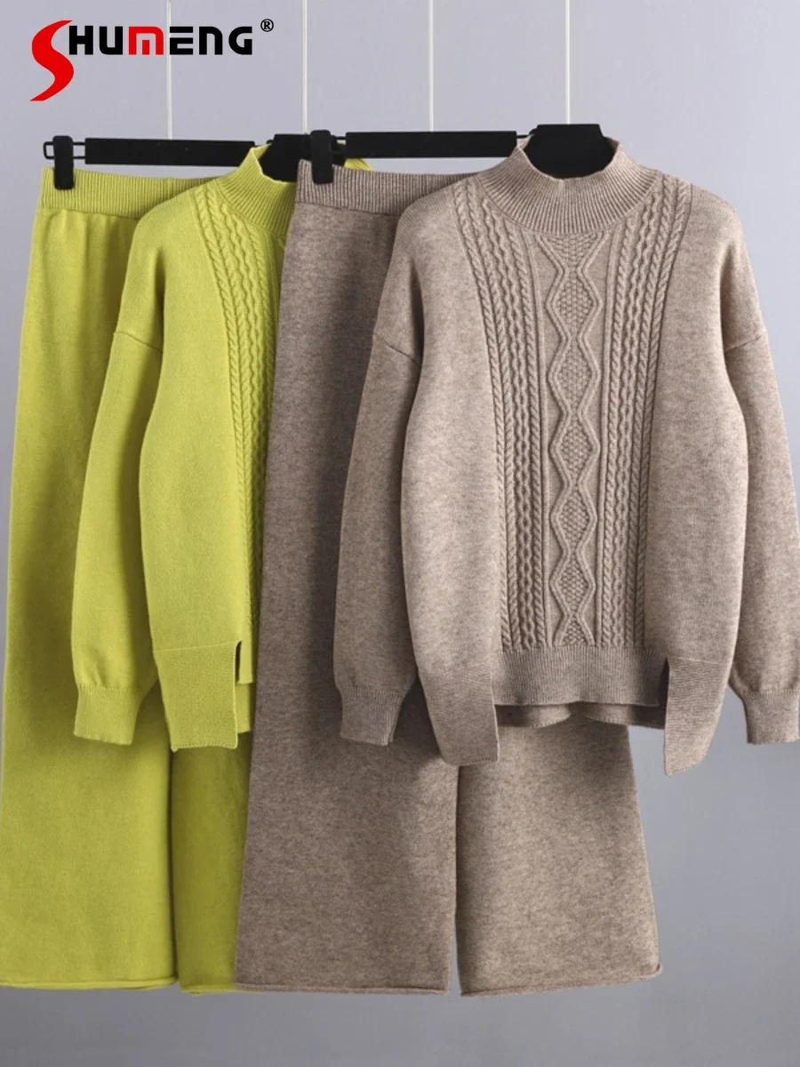 

Модный женский осенне-зимний комплект из двух предметов 2023, утепленный свободный свитер с высоким воротником и широкие брюки, облегающий вязаный костюм