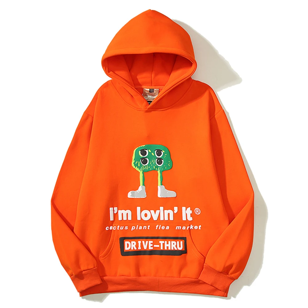 

Fleece Orange Hoodie Men Women Front Pocket Cartoon Printed Men's Sweatshirts