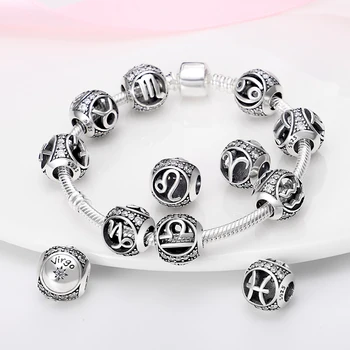 Pandach Genuine 925 Silver Color 12 Constellation Round Charms Bead Fit Pandora 925 Original Bracelets Fine DIY Birthday Jewelry