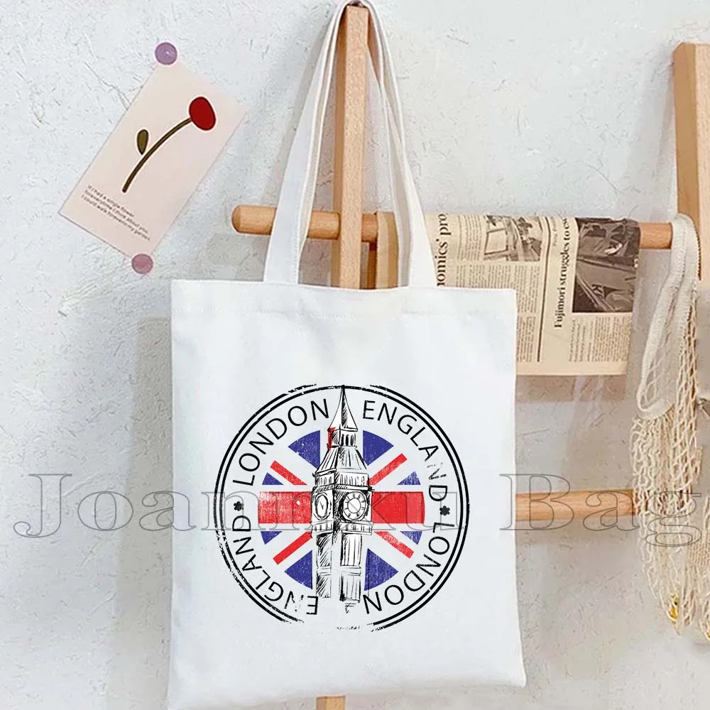 London England Flag Map Cute Tote Bag United Kingdom Bus Big Ben Bridge Phone Booth Landmark Trip Travel Tourist Canvas Handbags
