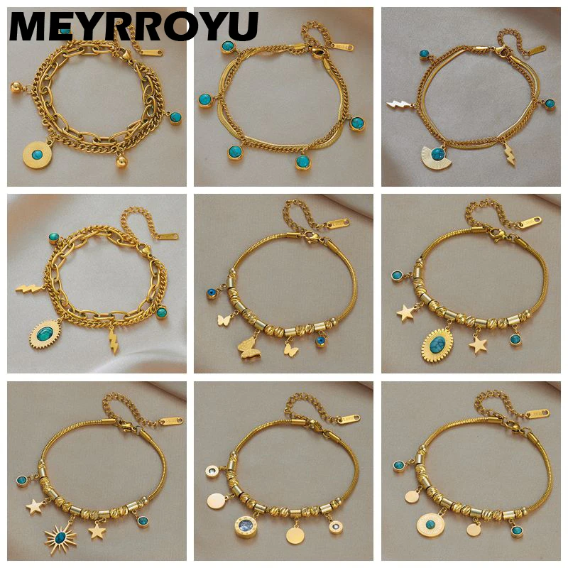 316 Stainless Steel Turquoise Butterfly Star Tassel Multilayer Chain Bracelet for Women stainless steel bracelet
