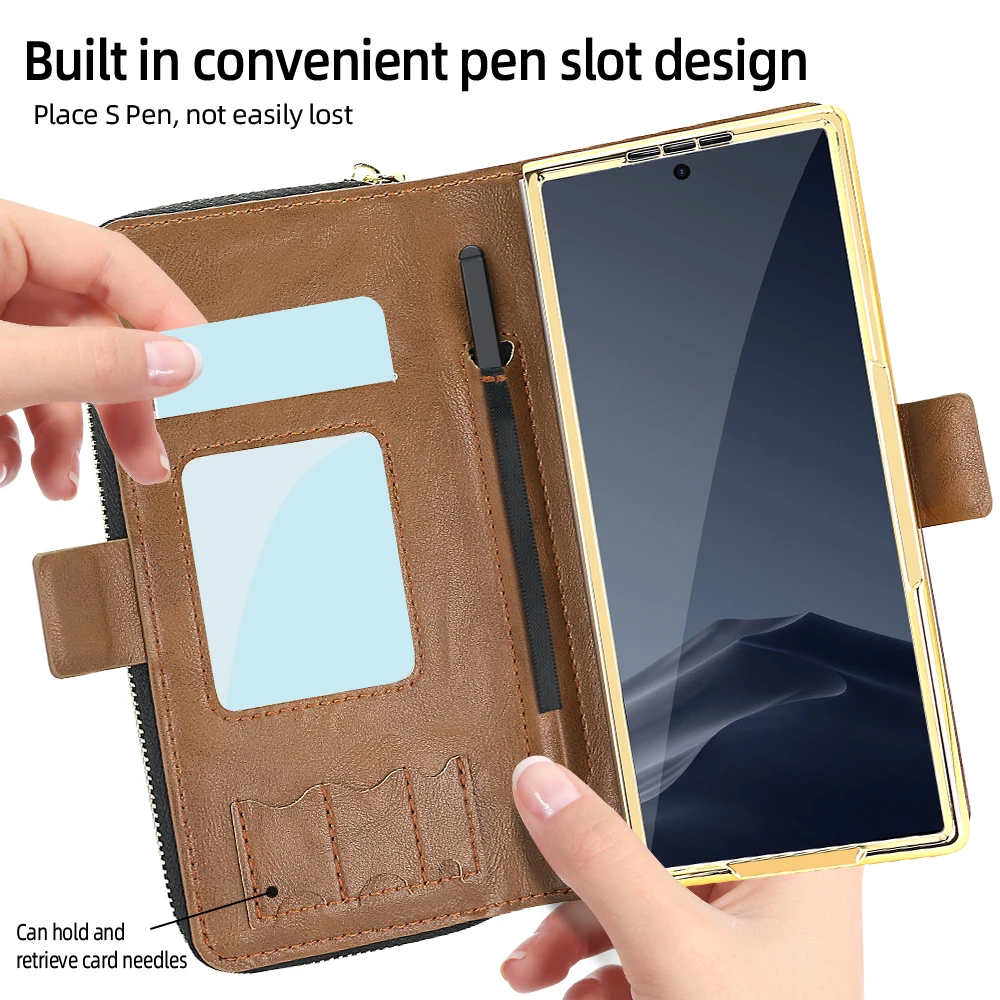Faux Leather Flip RFID Wallet Phone Case with Hand Grip, Credit Card Slots, Magnetic Clasp, and Stylus