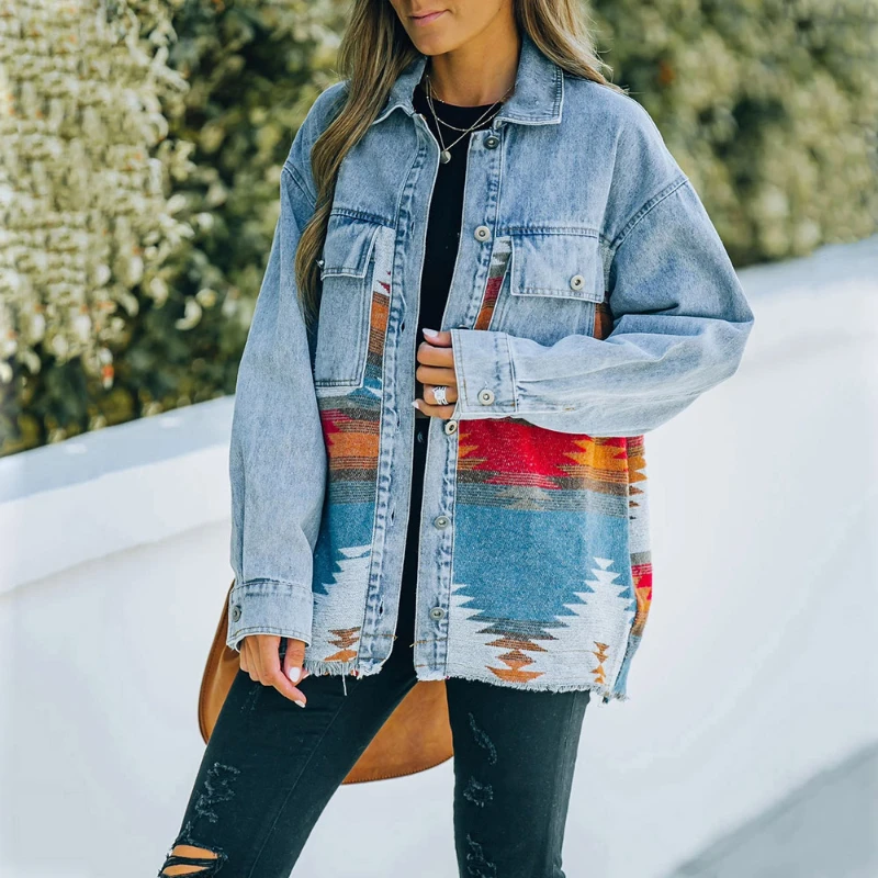 

Jeans Casual Jackets 2023 Autumn Winter New Aztec Lapel Pocket Denim Coat Patchwork Long Sleeve Wool Women's Retro Jacket