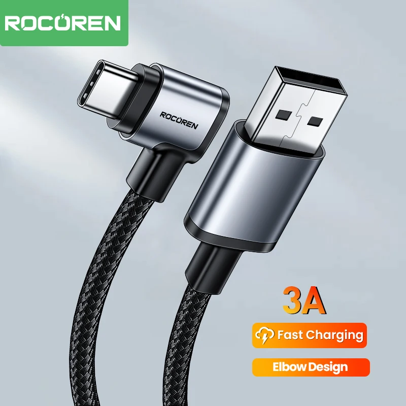 Rocoren 3A 90 Degree USB Type C Cable QC 3.0 Fast Charging Wire For Mobile Phone Samsung Huawei Xiaomi Charging Elbow Data Cord Best Sellers In Phones Accessories