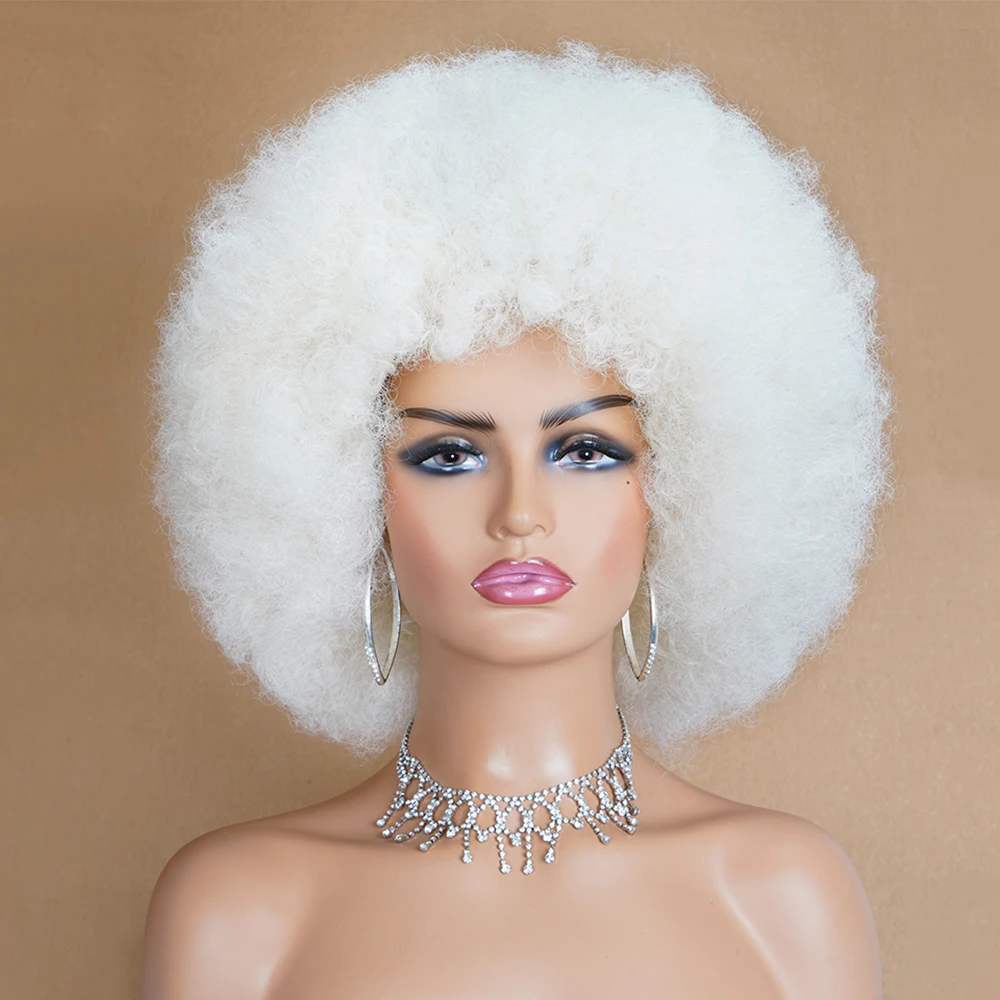 Peluca rizada Afro con flequillo para mujer, peluca blanca sintética corta de alta Puff, fibra resistente al calor, rubio ceniza mezclado