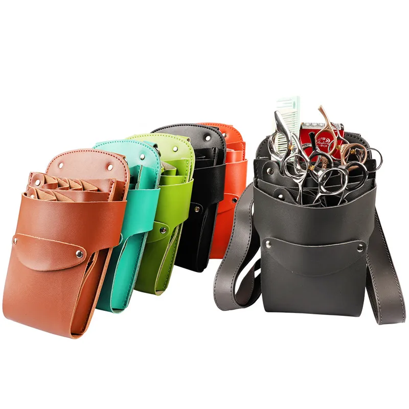 New 6 Pockets PU Leather Hair Scissors Bag Scissors Pouch Barber Scissor Holder Case With Belt Salon Hairdressing Tool 2#