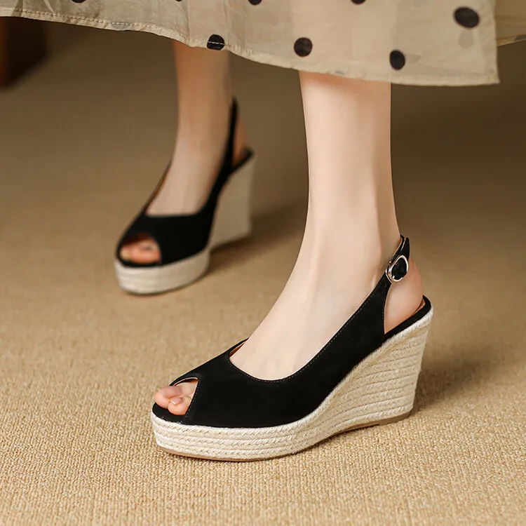 EAGSITY cow suede peep toe Casual wedges sandals platform Women slingback heel shoes espadrilles ankle strap pumps bohemia style