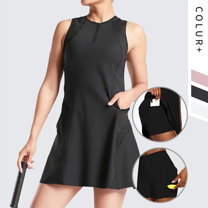 Women Tennis Dresses Outdoor Fitness Quick Dry Dress Zipper Round Neck Sleeveless Mini Dresses Volleyball Golf Sports