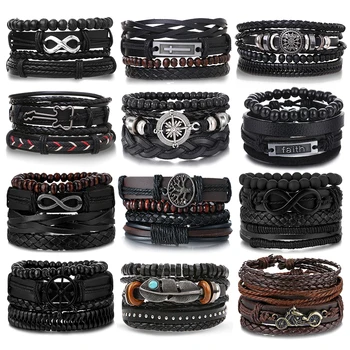 FNIO Punk Guitar Unlimited Symbol Braided Wrap Leather Bracelets for Men Vintage Charm Wood Beads Ethnic Tribal Wristbands