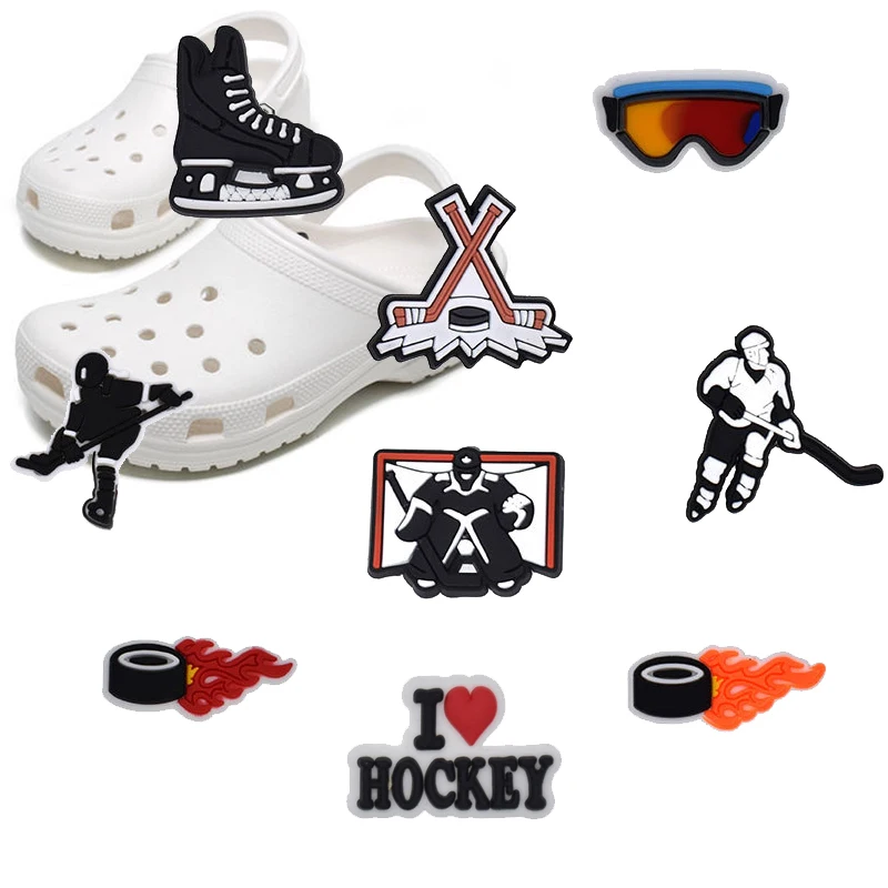 9-pack Ice Hockey PVC Pins Croc Charms For Shoe Ornament Pin Croc Accessories Skates Garden Slipper Decoration Wholesale Bulk