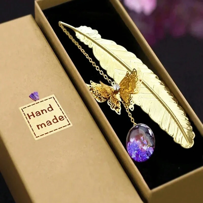 Classic Chinese Metal Bookmark Gift Box Avec Plumes Et Papillons Mode Papeterie Souvenir Pour Enseignants Et Amis Camarade