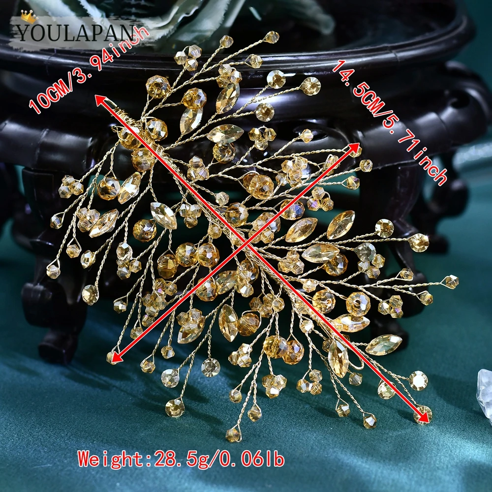 YouLaPan 빈티지 샴페인 라인스톤 신부 헤어 피스 크리스탈 사이드 헤드밴드 신부 프롬 웨딩 게스트 헤어 액세서리 A235