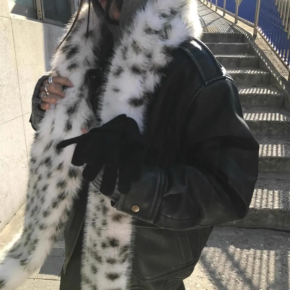 Korean Leopard Print Long Fur Scarfs Winter Y2K Vintage Warm Plush Scarf Fashion Thickened Lengthened Faux Fur Shawl Streetwear