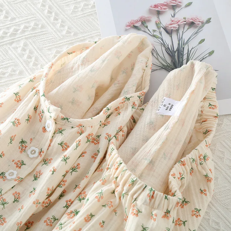 2023 여성 잠옷 순수 코튼 여성 긴팔 바지 라운드 넥 느슨한 Homewear 작은 Fower 인쇄 면화 잠옷 세트
