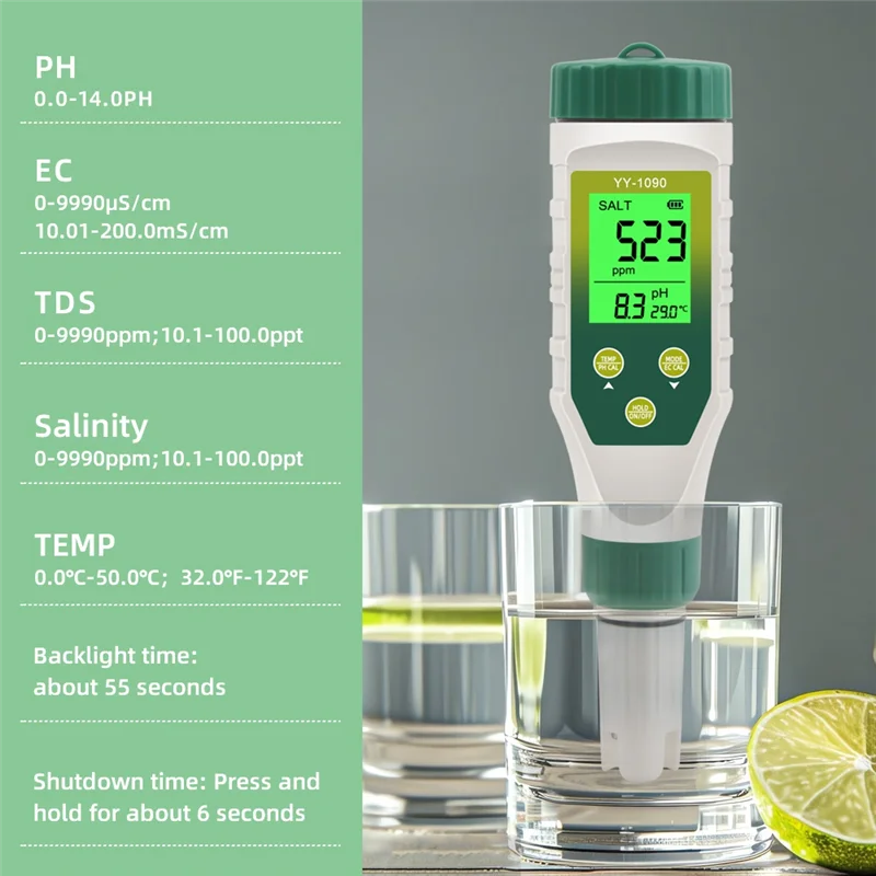 Hot Selling-5 In 1 PH/EC/TDS/Salt/Temp PH Meter Swimming Pool Salinity Tester For Drinking Water Aquarium Aquaculture Sp,5 In 1