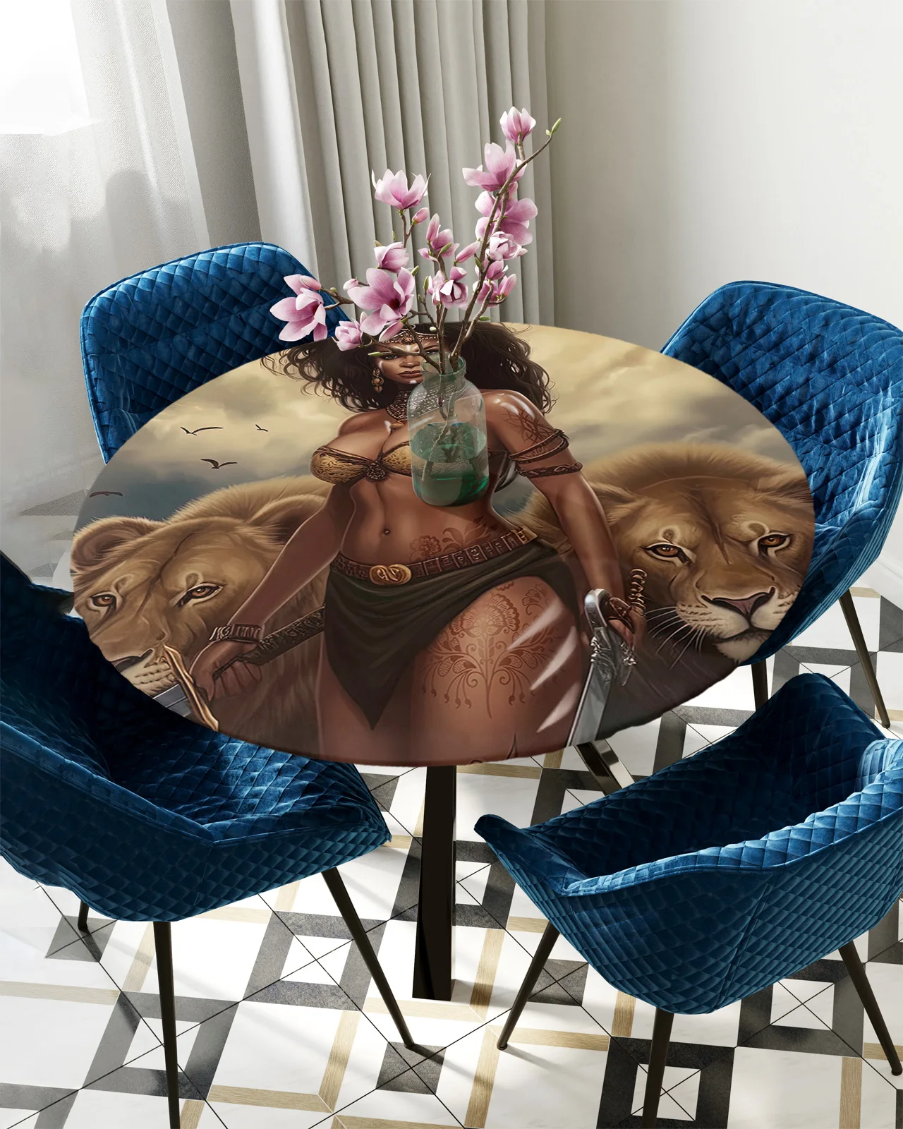 

African Savanna Woman Lion Round Elastic Edged Table Cover Protector Cloth Waterproof Polyester Rectangle Fitted Tablecloth