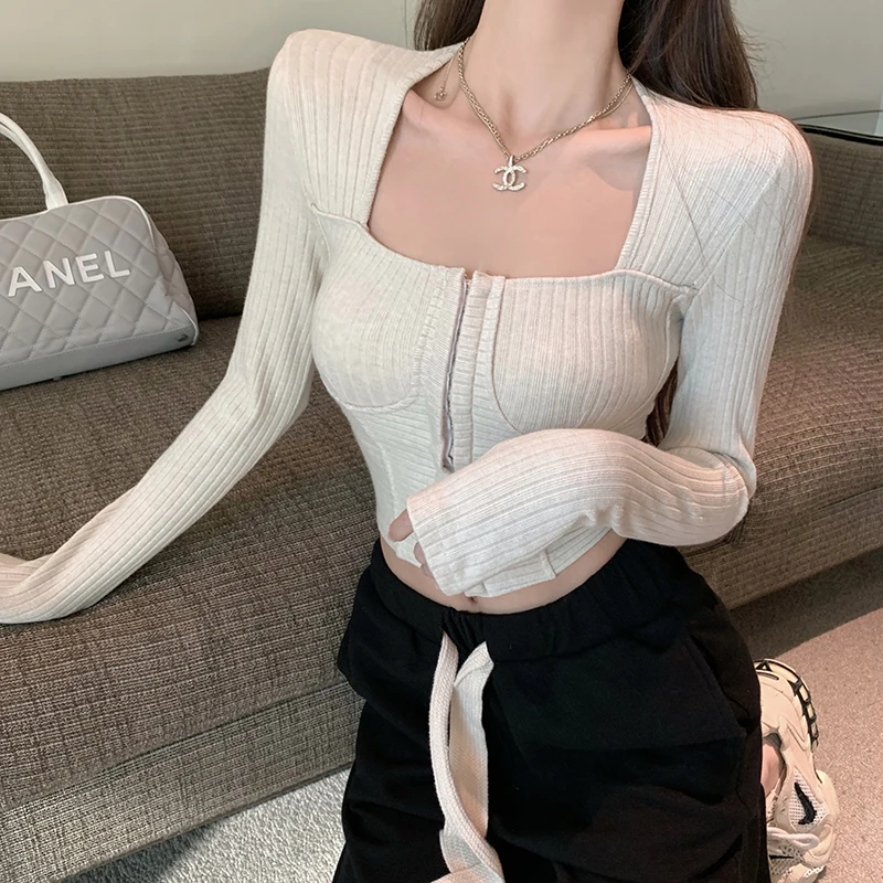 

2023 Blusas Mujer De Moda Square Collar Long Sleeve Tunic Crop Tops Y2k Clothes Korean Fashion T-shirt Women Tunicn Camisetas