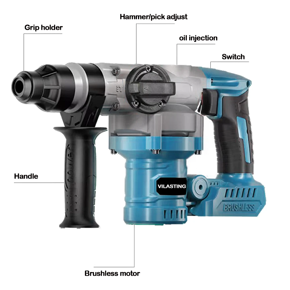 26MM Brushless Electric Heavy Duty Hammer Multifunctional Rotary Cordless Rechargeable Power Tools Fit Makita 18V Battery 5