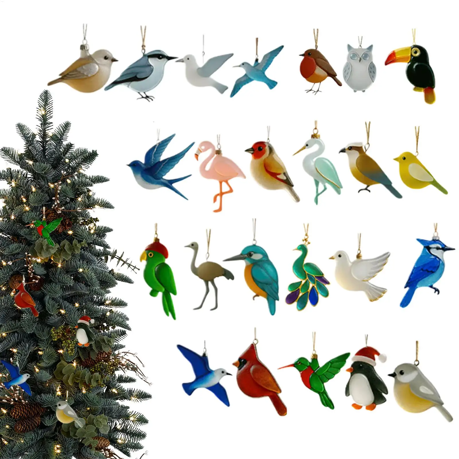 Sea Glass Bird Christmas Advent 2025 2D Acrylic Seasonal Decor 24 Days Bird-Themed Decorations Christmas Countdown For Home Tree