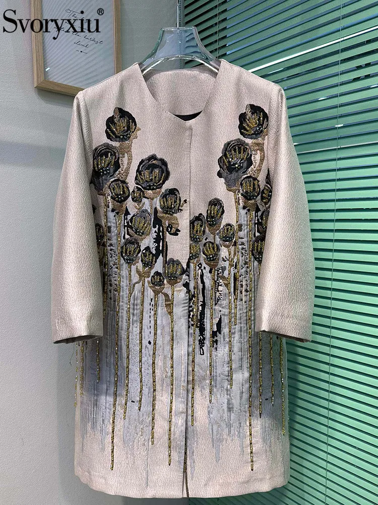 

Svoryxiu Autumn Fashion Designer Vintage Rose Jacquard Overcoat Women's O-Neck Beading Long Sleeve Straight Barrel Overcoat