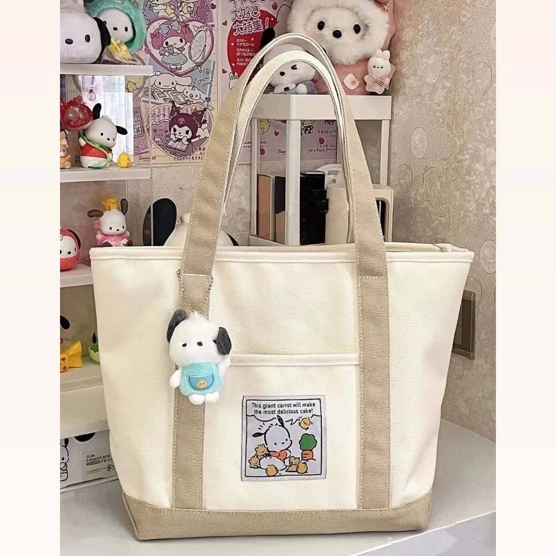 

Красивая Холщовая Сумка Sanrio Kawaii мультфильм Hello Kitty Kuromi Сумка для колледжа аниме Cinnamoroll My Melody вместительная сумка-тоут
