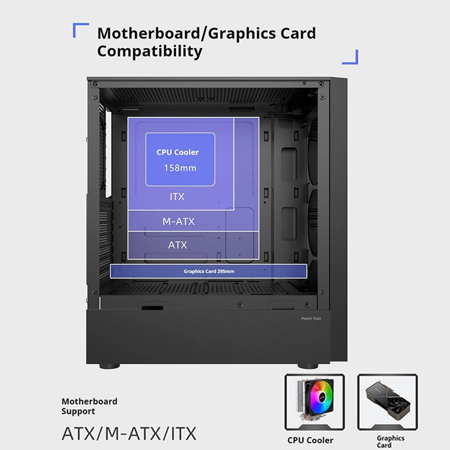 파워 트레인 ES500 M-ATX ATX RGB 라이트 스트립 패널 측면 투명 ITX PC 게이밍 케이스 데스크탑 컴퓨터 케이스 게이머용 케이스