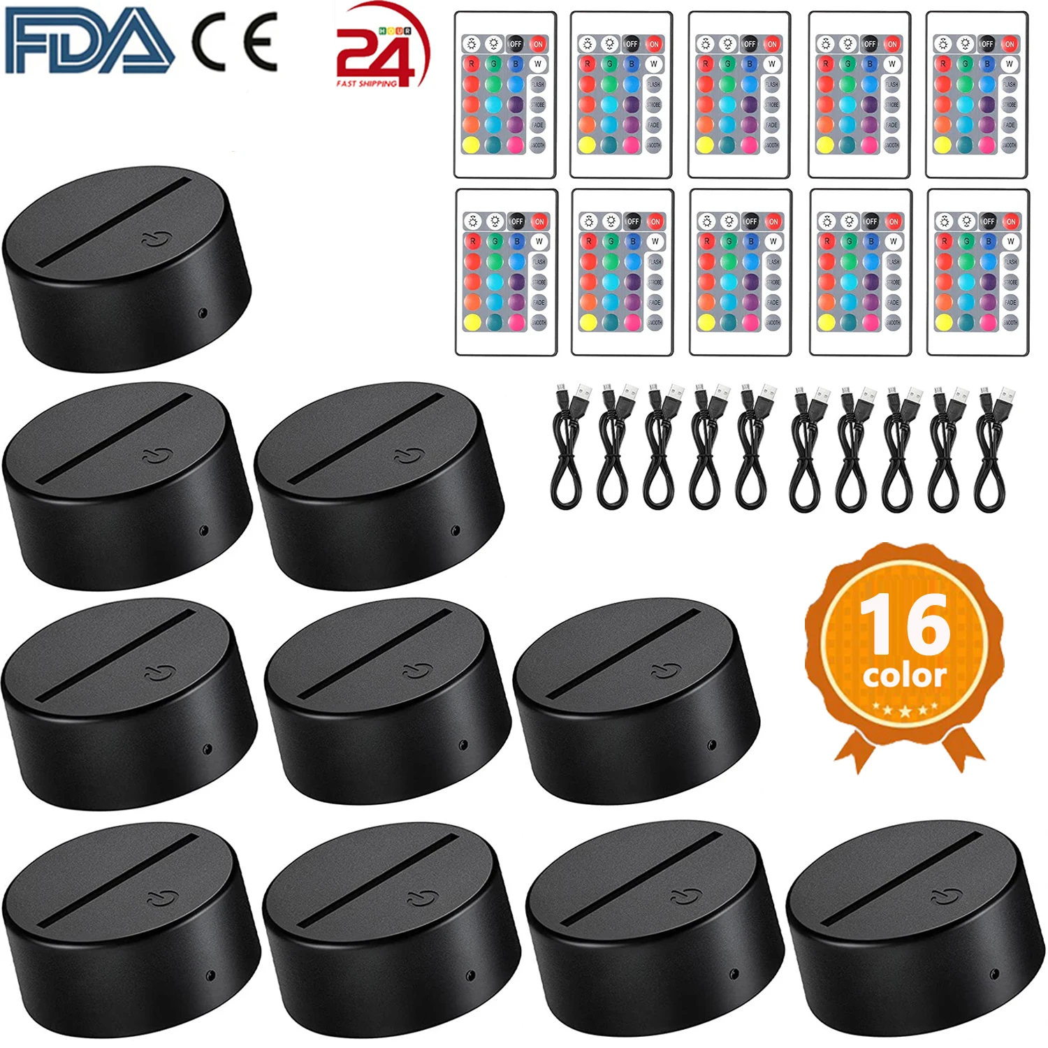 3D LED 라이트 베이스 아크릴 램프 디스플레이 스탠드, 애니메이션 램프 거치대 터치, 도매, 5, 10/15 세트, 16 색, 리모컨, 7 색 