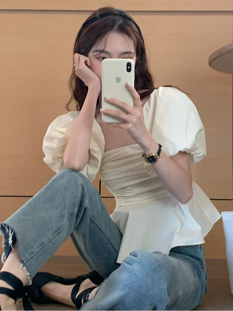 Slash Neck Hotsweet Blouses Women Off Shoulder Young Ins Girls Korean Sexy Tender Slim Fashion Summer Crop Tops Chic Temperament