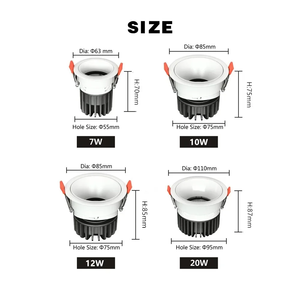 북유럽 LED 천장 매입등 눈부심 방지 깜빡임 없는 LED 다운라이트 실내 천장 스포트라이트 7W 12W 15W 20W AC85-265V 디밍 가능
