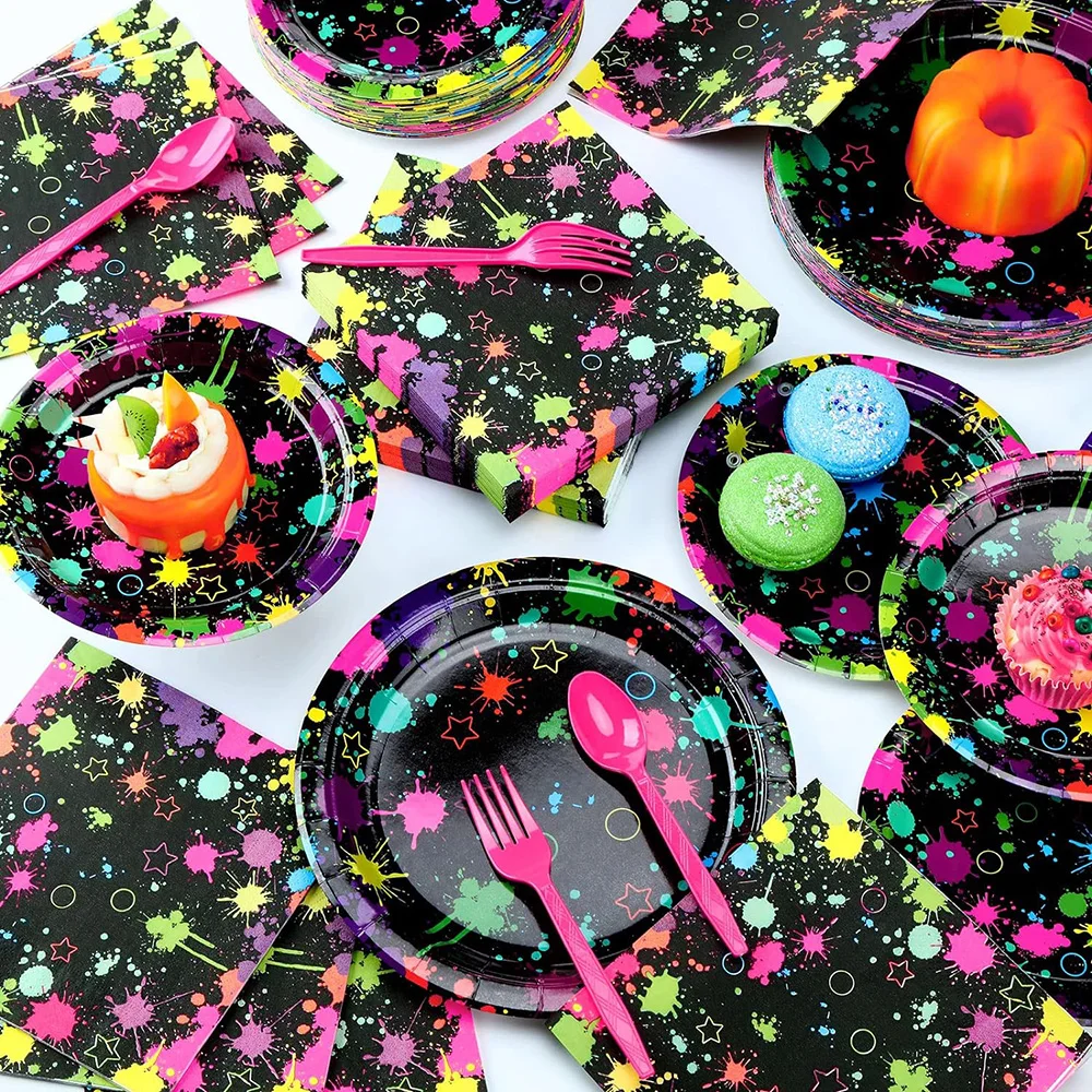 Neon Rainbow Birthday Party Supplies Tableware Plates Cups and Napkins Kids Baby Shower Neon and Rainbow Glow Party Decorations