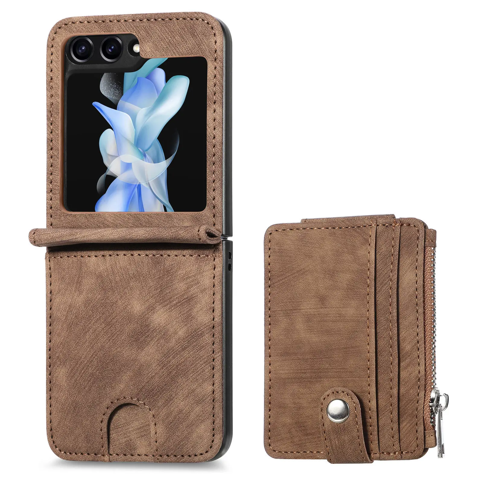 Leather Foldable Wallet Phone Case with Zipper Card Holder