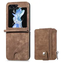 Leather Foldable Wallet Phone Case with Zipper Card Holder for Galaxy Z Flip 8 (Brown)