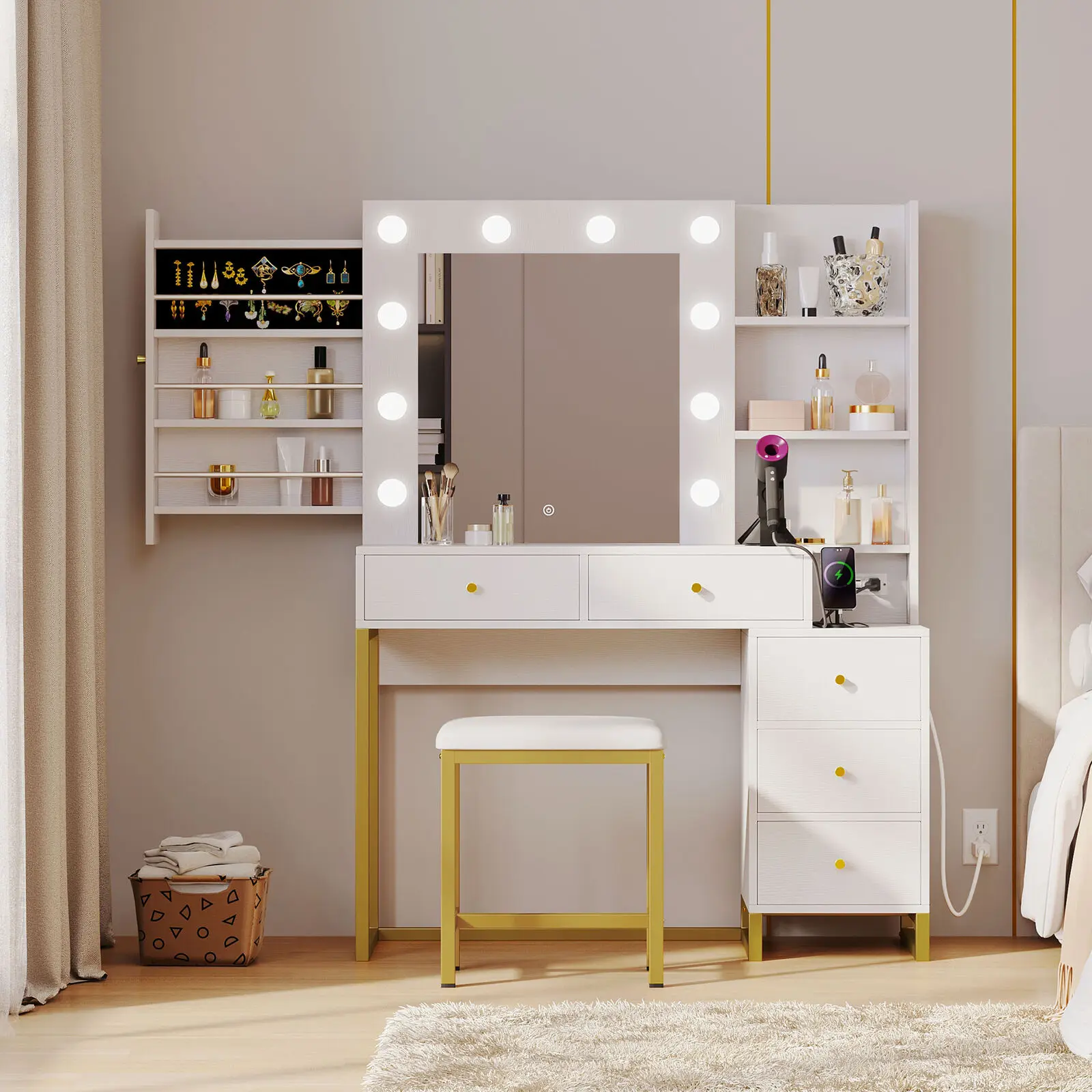

Bedroom Vanity Makeup Dressing Table Set with 10 Led Light Mirror and 5 Drawers