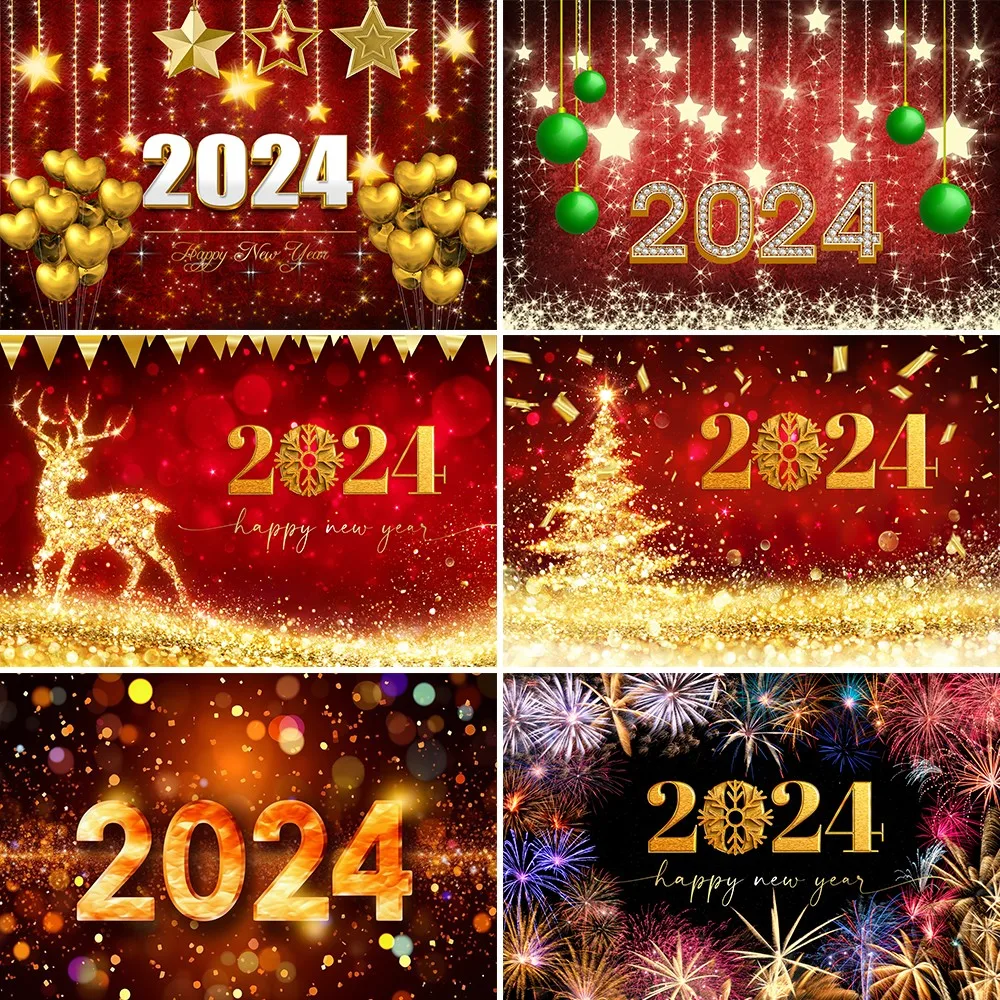 

2024 Happy New Year Photography Backdrop Glitter Gold Champagne Balloons Fireworks Party Photographic Background Photo Props