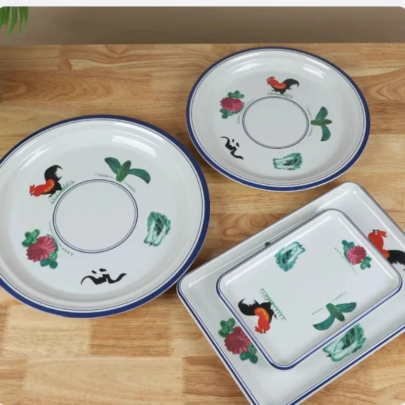 Rooster Pattern Bowl Retro Melamine Imitation Porcelain Tableware Hat Bowl Household Hot Pot Dipping Bowl Noodle Plates BBQ Tray 6