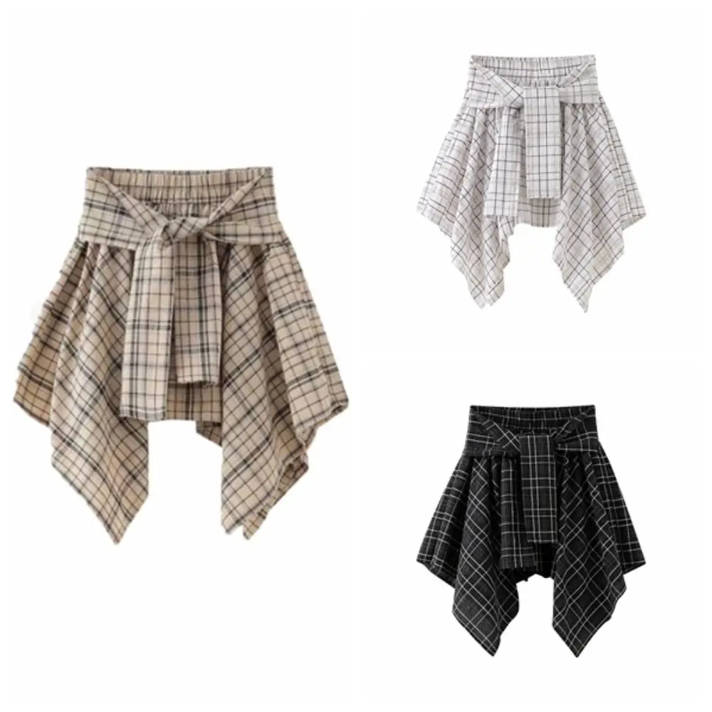 Sweet Irregular Plaid Shirts Skirt A-line High Waist Fake Two-piece Skirts Lace-up Streetwear Plaid Shorts Skirt Girls