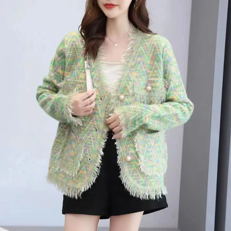 2023 Autumn Winter New Women Imitation Mink Fur Short Coat Temperament Slim Fit V-neck Knitted Cardigan Fashion Casual Outwear