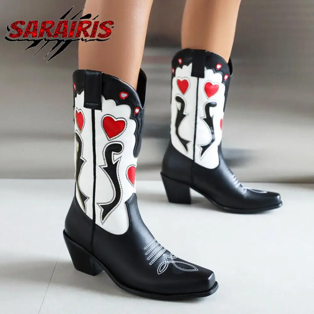 

Fashion Retro Chunky High Heeled Women Western Boots Vintage Brand New Cowgirl Platform Shoes Embroideryl Heart Boots Woman