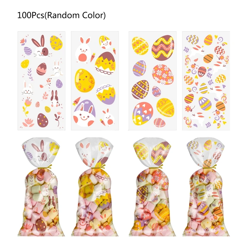 

100 Pieces Party Cello Candy Bags Easter Theme Bunny Egg Pattern for Easter Gift Easy to Break Safe for Food
