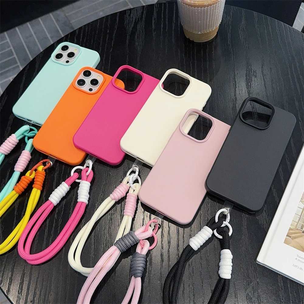 Étui en cuir à texture bonbon mignon et tendance avec dragonne pour iPhone 15 14 11 12 13 16 Pro Max Plus X XR XsMax Couverture de couleur unie_voghion.com
