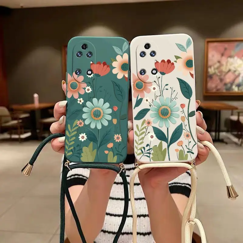 Silicone Lanyard Phone Case with Healthy Flowers Design
