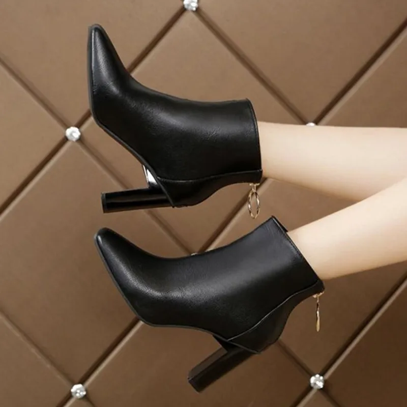 Autumn Winter Women's Fashion Short Boots Solid Color Square Toe High Heels Solid Color Boots Simple Casual High Heel Shoes