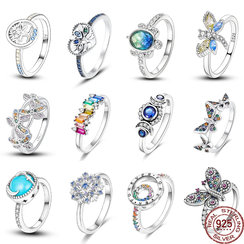 

Real 925 Sterling Silver Colorful Dragonfly Butterfly Cubic Zircon Rings For Women Wedding Engagement Birthday Jewelry Gift