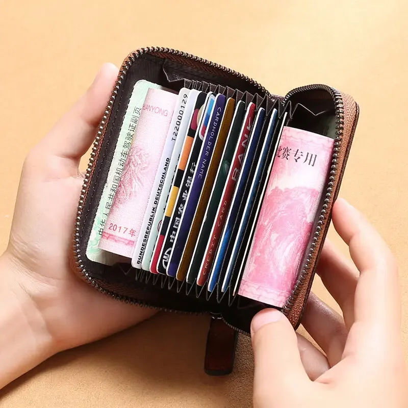 Card Slots Bank Credit Card Holder Zipper Wallet Cowhide Leather RFID Purse Wallet for Men 12