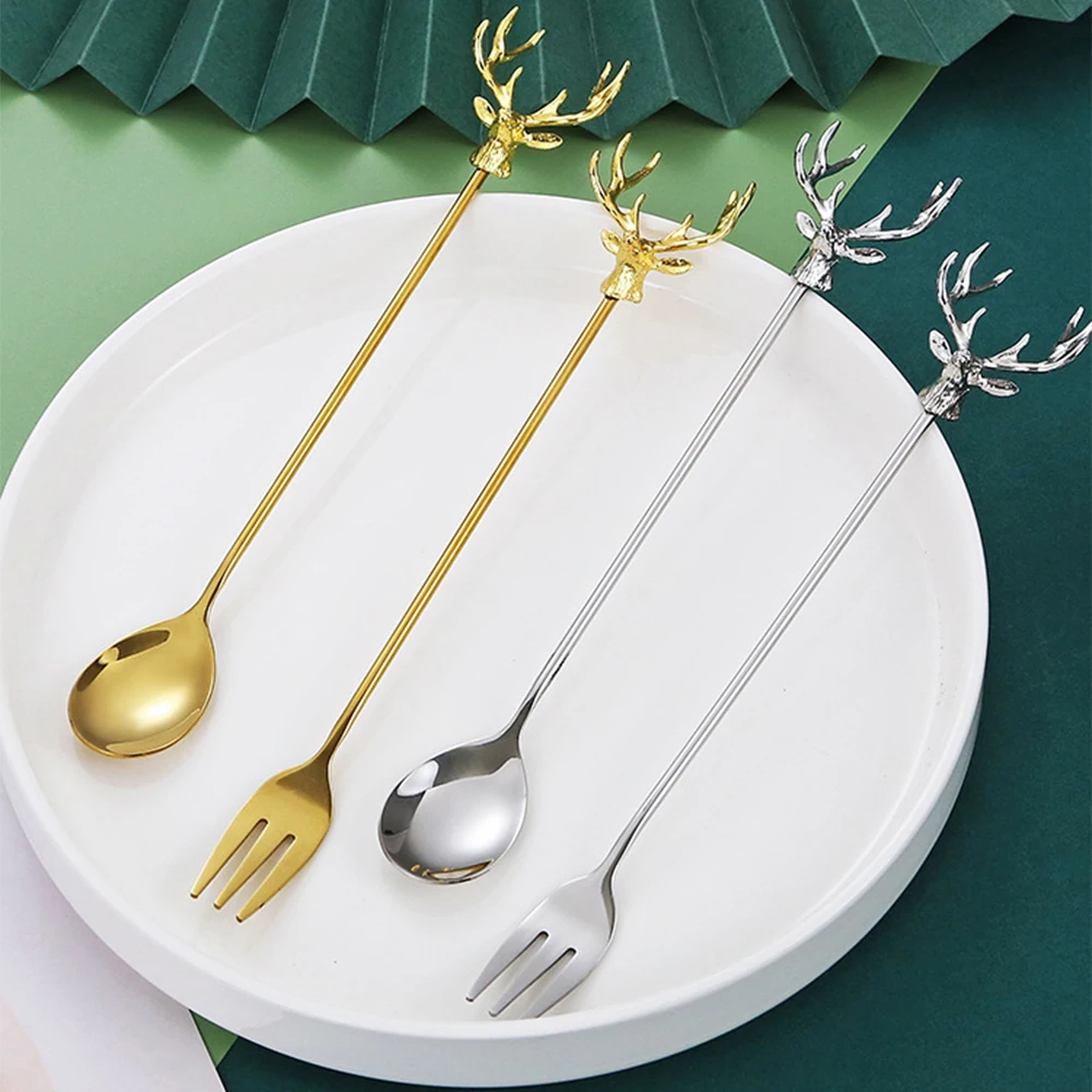 Stainless Steel Cutlery Set Milu Deer Coffee Cake Spoon Fork Dessert s Stirring Teaspoon Ice Cream Fruit Kitchen supplies Stainless Steel cutlery set,stainless steel cutlery set
