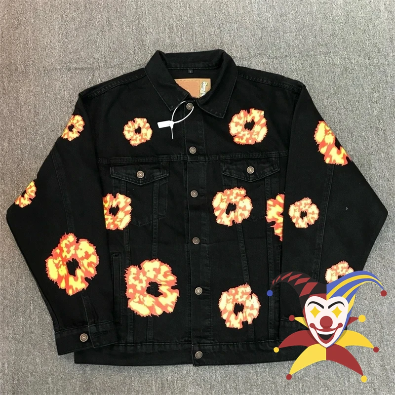 

Washed Flame Inlaid Kapok Denim Jeans Jacket Men Women Black Blue Kanye Oversize Coat
