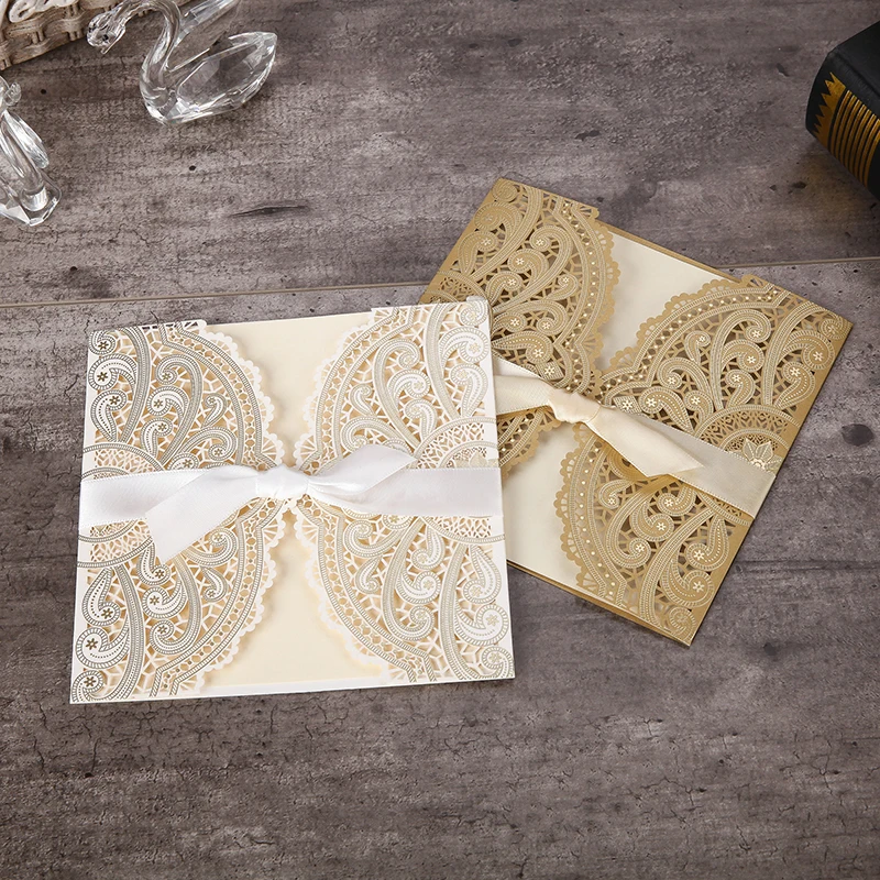 10Pcs Laser Cut Floral Wedding Invitations Card Lace Greeting Card Custom WIth Ribbon Birthday Engagement Wedding Party Supplies