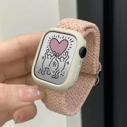 Chic Korean Braided Nylon Strap with Case - Cute Bracelet for Series 10 42mm (Pink star)