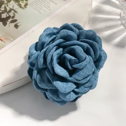 Vibrant Cotton Rose Flower Hair Claw Clips - Medium Size Shark Clamp (Denim Blue)
