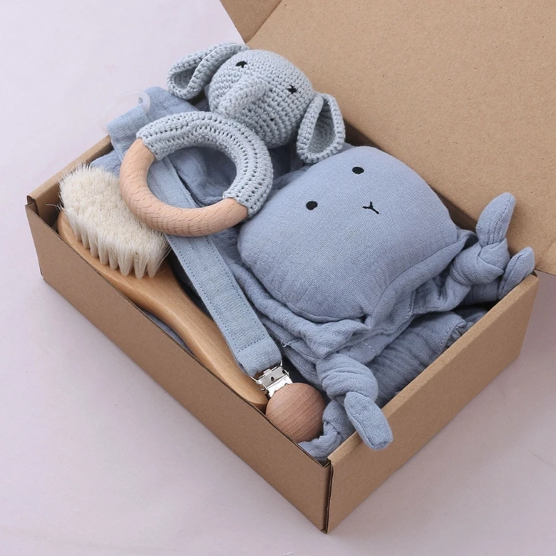 

N80C 5 Pcs Pacifier Chain Clip Infants Feeding Bib Appease Towel Hair Brush Wooden Crochet Rattle Teether Baby Gifts